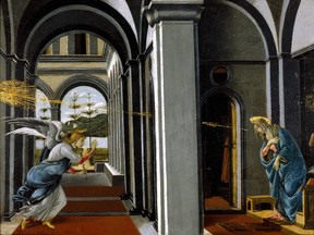 *


Painting entitled 'The Annunciation' by Botticelli. Within a vaulted building the Virgin stands, with head bowed down at the apparition of the Angel of the Annunciation, who comes flying towards her through a portico, beyond which is seen a landscape with hills. Rays of glory are also directed towards the Virgin


174