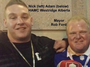 Top left is Hells Angel Nick Dragich, now charged in Greece. He was photographed with then Toronto Mayor Rob Ford in 2013 at a football game