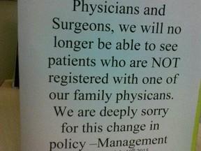 The sign that a Surrey medical clinic posted soon after the College of Physicians and Surgeons  of BC revised its standards to improve patient care and get more patients attached to medical care providers.