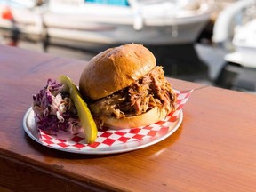 Pulled pork sandwich, fries, cole slaw, at Smoke on The Water, Gibsons