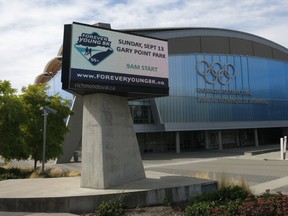 The City of Richmond, recognizing a special thing when it sees it, gives the Forever Young 8K a digital shout-out on the sign outside of the Olympic Oval. Some 230 people, 55 and older, are set to take part in the inaugural event next weekend.