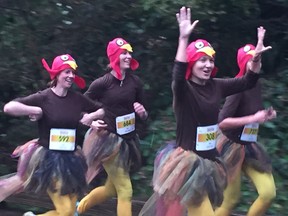 These four "chicks" from Squamish fly to the finish line during Monday's 18th annual Granville Island Turkey Trot. More than 1,400 participants ignored the Thanksgiving morning rain to run or walk 10K and raise needed funds for two local charities.