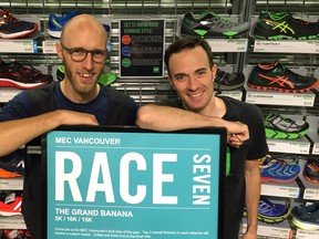 Stephane Mousseau and Nick Hastie, right, are ready for Sunday's Grand Banana event at Stanley Park, which features 15K, 10K and 5K events. They also are stoked about their ambitious plans for a super fun 2016.