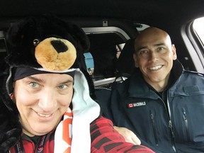 Const. Ian MacDonald, the Public Information Officer for Abbotsford Police Department, made Fuzzie Care Bear a Santa Shuffle deputy, but warned him about staying out of Fishtrap Creek! This fur didn't fly, nor did the bear costume idea with most shufflers who wanted to see the Christ-moose outfit!