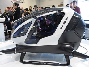 LAS VEGAS, NV -  An EHang 184 autonomous-flight drone that can fly a person is displayed at CES 2016 at the Las Vegas Convention Center