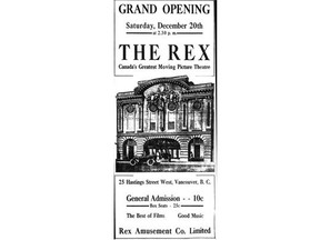 Dec. 19, 1913 advertisement in the Vancouver Province for the opening of the Rex Theatre in Vancouver.