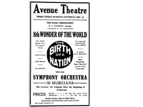 A Dec. 18, 1915 ad for the D.W. Griffith movie The Birth of a Nation at the Avenue Theatre in Vancouver. The controversial film classic ran from Dec. 25, 1915 to Jan. 15, 1916.