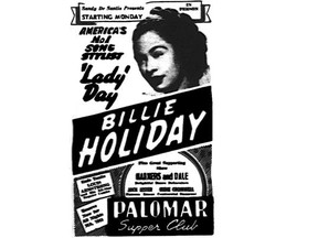 Feb. 12, 1949 ad for Billie Holiday at the Palomar nightclub in Vancouver. Holiday appeared for two weeks at the club, which was at Burrard and Alberni.