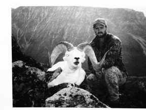 A 1999 black-and-white photo of Kamloops hunter and guide Abe Dougan purportedly taken moments after bagging a record-setting Dall sheep in B.C.’s far northwest corner. Photo courtesy of the Kamloops This Week.