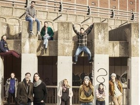 Across top, from left: Michael Watts, Louis-Elyan Martin, Louise-Michel Jackson and Shay Kuebler. On the ground: Caroline Gravel, Noam Gagnon, Dana Gingras, Esther Rousseau-Morin, Kim De Jong, Jamie Wright and Sovann Prom Tep.