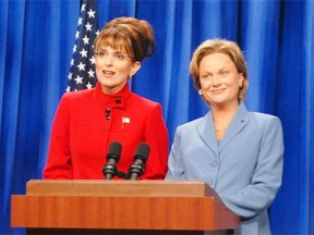 Actress Tina Fey (left), as U.S. Republican vice-presidential nominee Sarah Palin, and Amy Poehler, as Hillary Clinton in a September 13, 2008 episode of Saturday Night Live.
