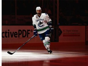Chris Higgins of the Vancouver Canucks takes the ice prior to a game against the Anaheim Ducks  at the Honda Center on Nov. 30, 2015 in Anaheim, Calif.  The veteran winger was placed on waivers by the Canucks on Tuesday.