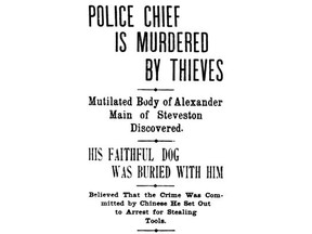 April 18, 1900. San Francisco Call headline about the murder of Steveston police chief Alexander Main by Yip Luck, who was executed on Nov. 16, 1900. For a John Mackie story.