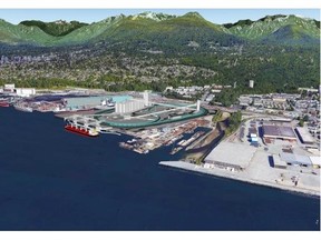 Artist's concept of proposed B3 Terminals export grain terminal and shipping berth on Lynnterm West Gate site in North Vancouver. Terminal is at centre surrounded by trains in green. At left are the existing coal terminal and one of the two other grain terminals on the North Shore. Handout. 2016. For a story by Brian Morton. The site is across the road form the Park and Tilford Shopping Centre.