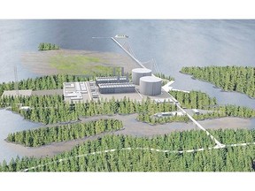 Artist’s rendering of preposed Pacific NorthWest LNG plant on Lelu Island (middle) with Flora Bank skirted by suspension bringe to offshore LNG ship berths.