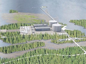 Artist's rendering of proposed LNG plant on Lelu Island (middle) with Flora Bank top, skirted by suspension brdge to offshore LNG ship berths.