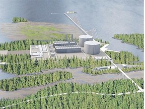 Artist's rendering of Pacific NorthWest LNG’s proposed plant on Lelu Island near Prince Rupert.