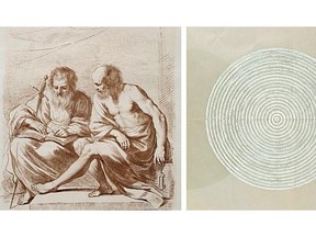 Bartolozzi, Saints Peter and Paul (detail), c. 1780, crayon manner engraving on paper, 31.5 x 25.0 cm, City of Burnaby Permanent Art Collection, Gift of Harold and Linda Kalman; (right) Kelly Lycan, White Out (Jim Verburg Poster), 2010 and 2013, correction fluid on paper, 58.4 x 43.2 cm, City of Burnaby Permanent Art Collection.