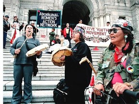 Fay Blaney, centre, is pictured with Aborigal Womens Action Network member Mariee Williams, left,  and supporter Helen Michell, at a protest in Victoria in 2001.