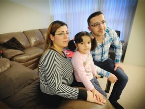 Bushra Abo Hamra (left) and Fadi Istifan arrived 11 months ago from Syria with their four-year-old daughter Seseelya. The young family is grateful to be here, but there are still many challenges ahead.