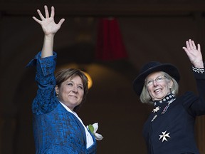 British Columbia's Lieutenant Governor Judith Guichon, right, is greeted by Premier Christy Clark prior to the throne speech in the B.C. Legislature in Victoria, B.C., Tuesday, Feb. 9, 2016.
