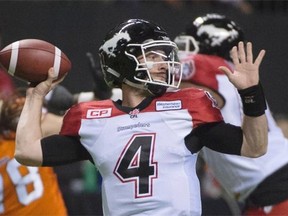 Calgary Stampeders’ quarterback Drew Tate prepares to pass during the first half CFL football action against the B.C. Lions, in Vancouver, on Saturday, Nov. 7, 2015.