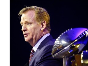 NFL Commissioner Roger Goodell speaks to the media during a news conference on Friday, Feb. 5, 2016, in San Francisco.