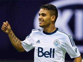 Vancouver Whitecaps midfielder Cristian Techera celebrates scoring a goal in an Aug. 8 match against Real Salt Lake at BC Place Stadium. The Caps signed Techera to a long-term contract on Wednesday.