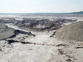 The damage caused by a breach in the tailings pond at the Mount Polley Mine, which stores toxic waste from the mine.