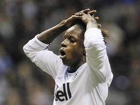 Vancouver Whitecaps striker Darren Mattocks anguishes over yet another lost scoring opportunity during the 2015 Major League Soccer season. (Mark van Manen, PNG files)