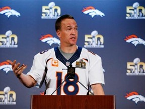 Denver Broncos quarterback Peyton Manning speaks to the media during the Broncos’ media availability for Super Bowl 50 at the Stanford Marriott on Thursday, Feb. 4, 2016 in Santa Clara, Calif. The Broncos will play the Carolina Panthers in Super Bowl 50 on Sunday, Feb. 7, 2016.
