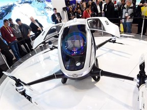 The new EHang 184 autonomous-flight drone that can fly a person, on display at CES 2016 at the Las Vegas Convention Center.