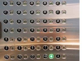 The elevator panel at 1033 Marinaside in Yaletown skips No. 4, No. 13, No. 14, No. 24 and No. 34 floor buttons.