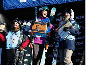(L-R) Emma Dahlstrom of Sweden finished third, Yuki Tsubota of Canada finished first, and Giulia Tanno of Switzerland finished second in the Women’s Slopestyle Final  at the 2016 Visa U.S. Freeskiing Grand Prix at Mammoth Mountain Resort on January 24, 2016 in Mammoth, California.  (