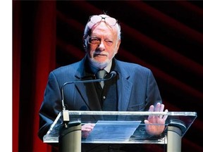 FILE - In this Nov. 17, 2014 file photo, Harold "Hal" Prince appears on stage at "Everybody, Rise! A Celebration of Elaine Stritch" in New York. Prince, 87, the most decorated Tony Award-winner in history, directs “Prince of Broadway,” which takes audiences through his numerous award-winning productions. The show features a 10-person cast that perform snippets from many of the shows that have earned Prince a record 21 Tonys, including “Cabaret,” "Evita," “Phantom of the Opera,” “Kiss of the Spider Woman” and “Sweeney Todd.” It has received a sold-out reception in Japan and Prince hopes it will soon grace a Broadway stage. (Photo by Charles Sykes/Invision/AP, File)