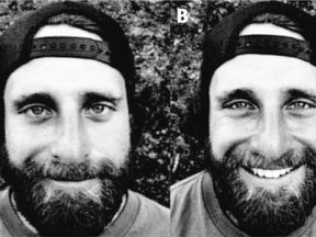 False smile left, true smile right. Researchers studied the smiles of big game hunters to guage their satisfaction levels.