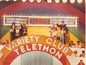 Febuary 1985: Queen Elizabeth Theatre...volunteers celebrate as Variety Club Telethon winds down.