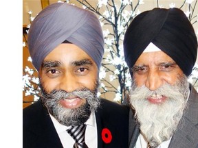 Federal Minister of National Defence Harjit Singh Sajjan with Liberal back-roomer Prem Vinning last November. Two of Vinning’s sons now work in Ottawa, one of them for Sajjan.