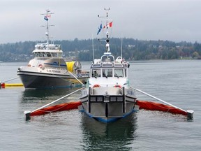 File: Oil spill drill at the Westridge Marine Terminal in Burnaby, B.C. on October 29.