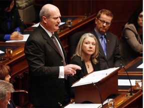 B.C. Finance Minister Mike de Jong tables the budget in the legislature last week. Check back next year is the Liberal refrain to many questions arising from the budget.