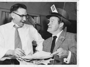 Former Vancouver Sun editor Ron Rose showing funny man Bob Hope around newsroom in the late 1940s. Photo by Bill Dennett/Vancouver Sun