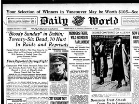 The front page of the Vancouver Daily World reports on Bloody Sunday in 1920.