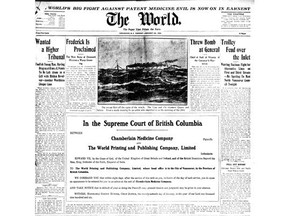 The front page of The Vancouver World when the paper was sued by the Chamberlain Medicine Company.