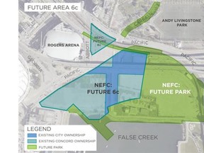 Graphic showing redevelopment and new parkland after removal of the Georgia and Dunsmuir Viaducts in Vancouver. City of Vancouver graphic.