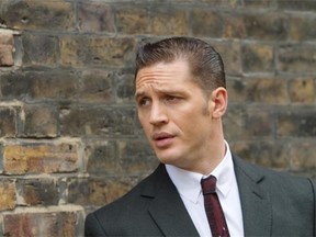 Tom Hardy stars as both Reggie Kray (that’s Reggie above) and Ronnie Kray in Legend.