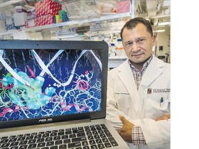 Researcher Artem Cherkasov displays a computer model simulation used to develop a new treatment for drug-resistant prostate cancer at the Vancouver Prostate Centre . 'Using computer simulations, we sometimes go through 50 million compounds to find a molecule that will seat in a precise and accurate way,' he says.