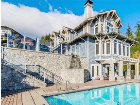 The home at 2609 Folkestone Way has an in-ground swimming pool and a grand terrace with an outdoor kitchen and fireplace.