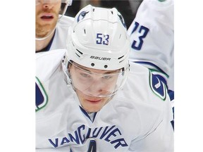 Bo Horvat #53 of the Vancouver Canucks skates with the puck against the Toronto Maple Leafs during an NHL game at the Air Canada Centre on November 14, 2015 in Toronto, Ontario, Canada.