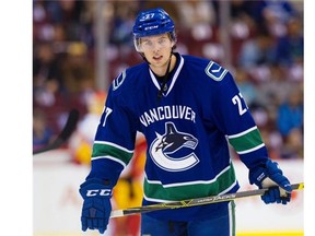 Ben Hutton of the Vancouver Canucks warms up before the Canucks playing the Calgary Flames October 10 2015.