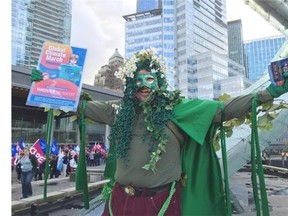 Jack Sparxc, a.k.a. The Green Man, was at Thursday’s rally at Jack Poole Plaza in support of The Leap Manifesto.